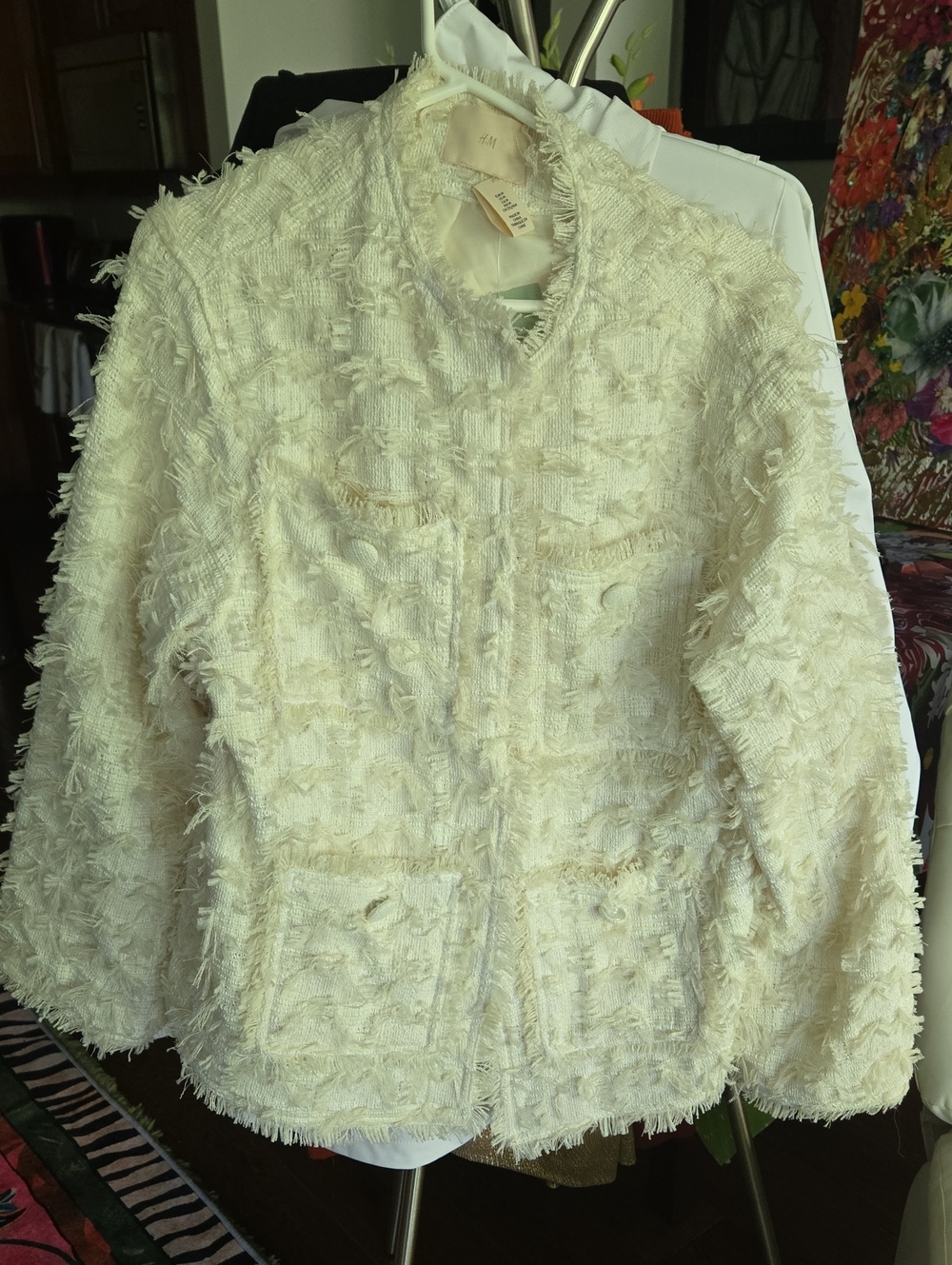 H&M Ivory Fringe Tweed Blazer